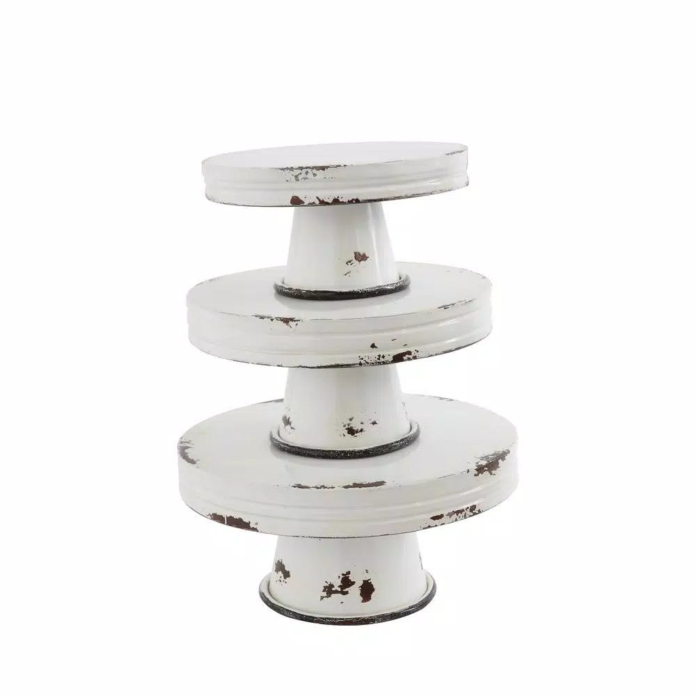 3R Studios Distressed White Metal Cake Stand Set of 3 - Country Cottage Style Pedestals