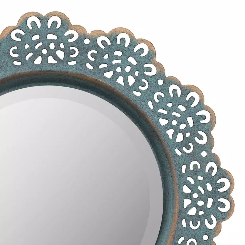 Stonebriar Collection Stonebriar Small Round Turquoise Metal Lace Accent Mirror with Brass Highlights, 12.5 in.