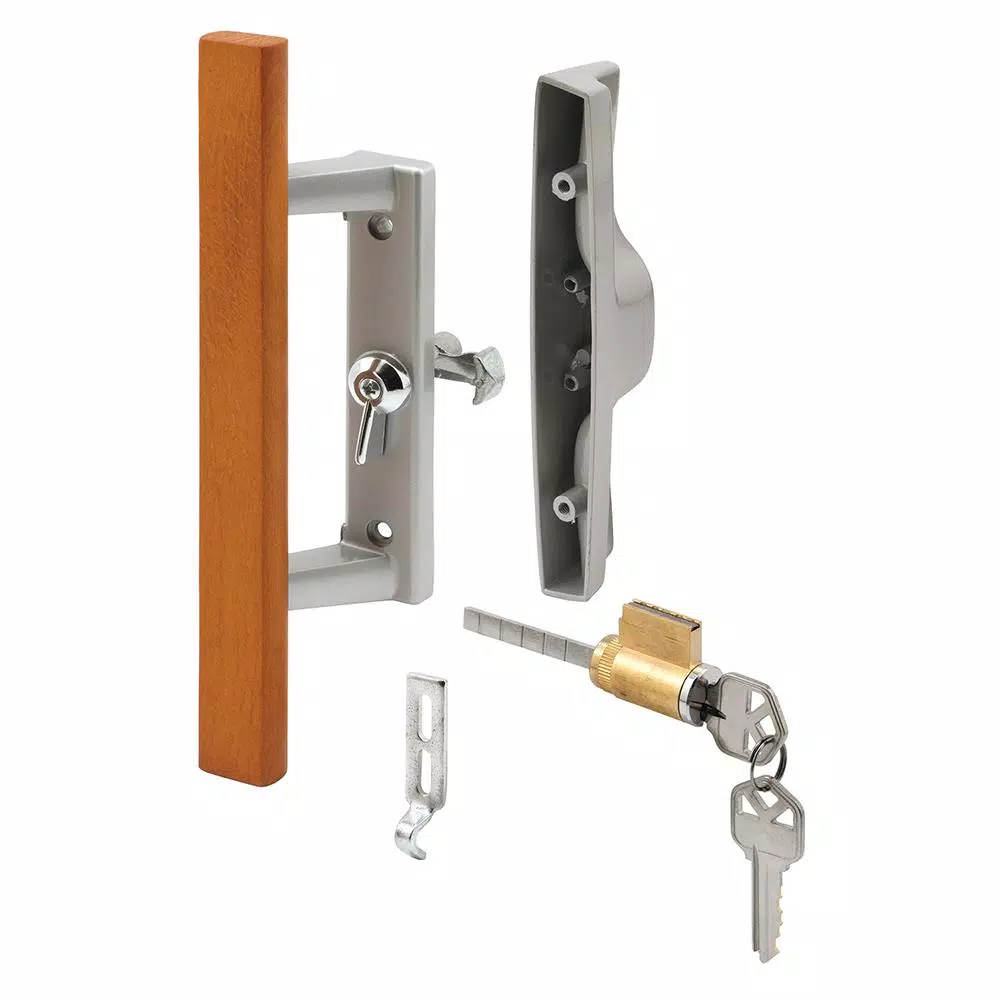 Prime-Line Gray Diecast Patio Door Handle with Wood Grip, Tee Lock with Key, 3-15/16 in. Mounting