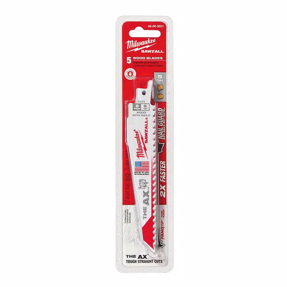 Milwaukee AX 6 in. 5 TPI Wood & Nail Embedded Reciprocating Saw Blades (5-Pack)