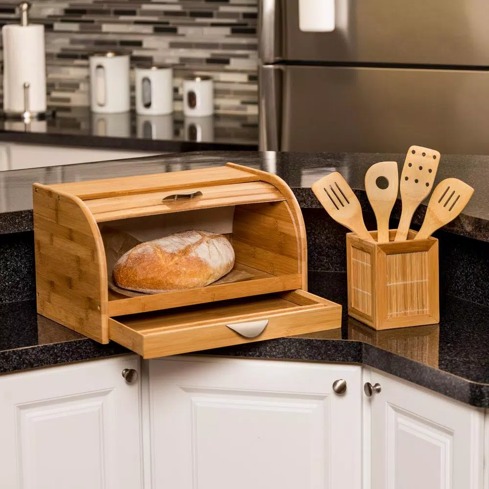 Honey-Can-Do Bamboo Bread Box with Roll-Top Door, Pull-Out Drawer, and Integrated Cutting Board
