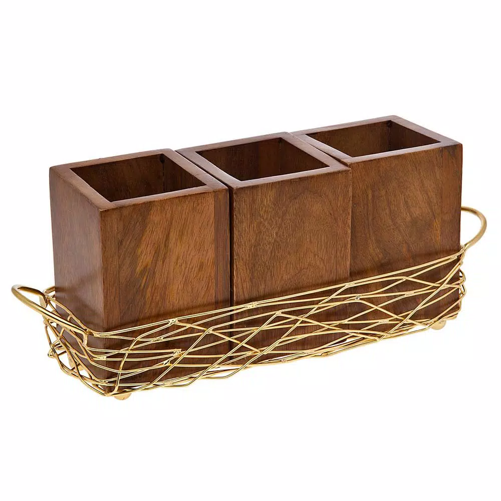 Godinger Nest 4-Piece Gold Wood Flatware Caddy