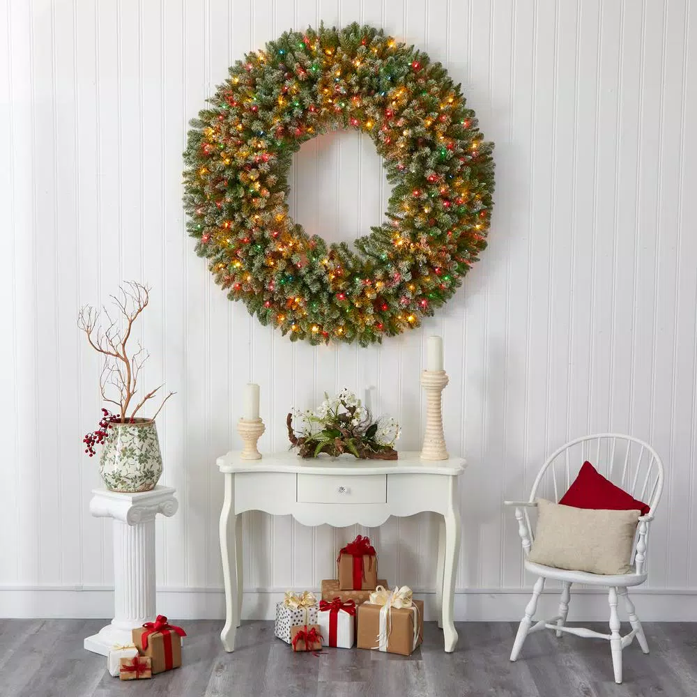 Nearly Natural 5 ft. Pre-Lit Flocked Artificial Christmas Wreath with 280 Multi-Color Lights and Pine Cones