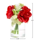 Pure Garden 6.5 in. Red Hydrangea and Rose Artificial Floral Arrangement in Glass Vase thumbnail 6