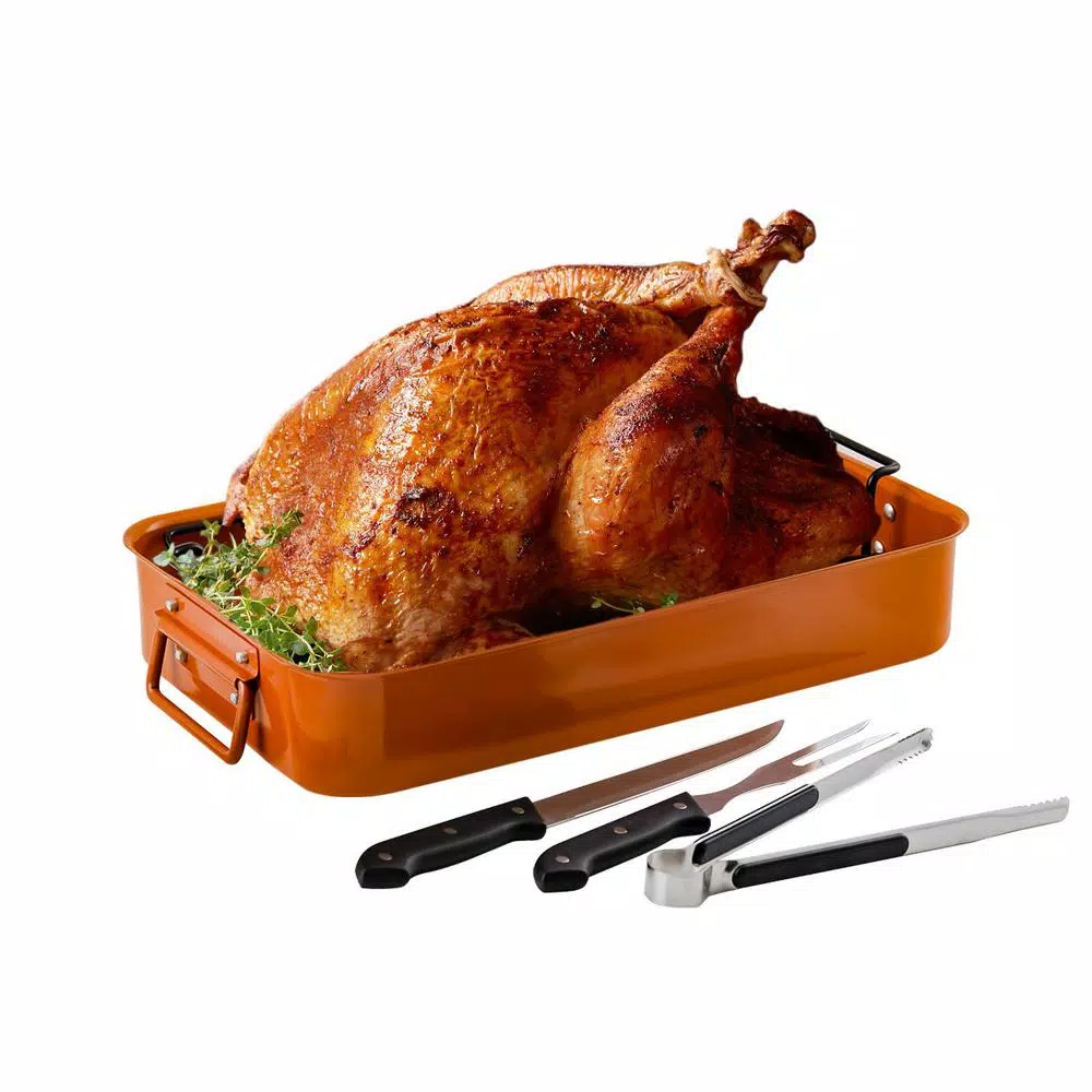 Ovente 5.5 Qt. Non-Stick Roasting Pan with Carving Set and V-Shaped Rack, Copper