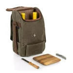 Picnic Time Khaki Green Waxed Canvas 2-Bottle Wine Cooler Bag and Acacia Wood Cheese Board Set thumbnail 4