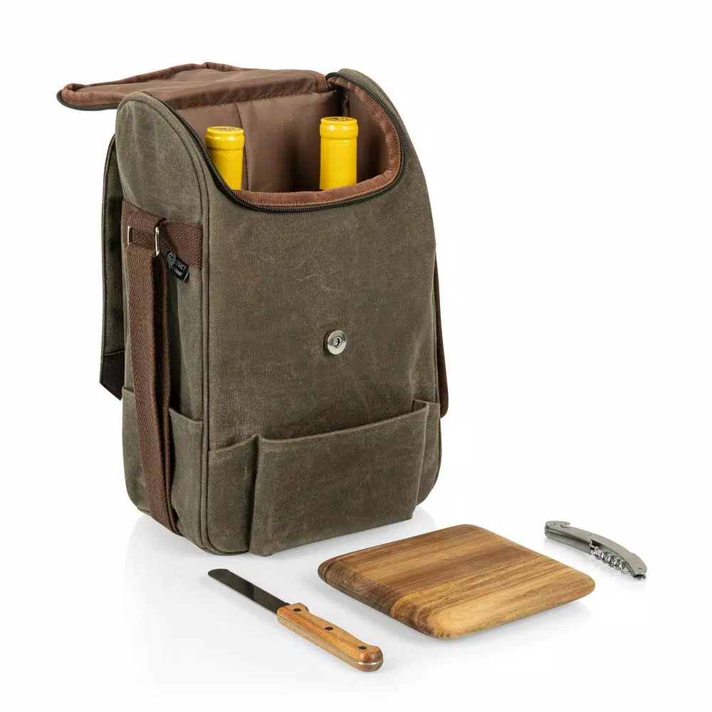 Picnic Time Khaki Green Waxed Canvas 2-Bottle Wine Cooler Bag and Acacia Wood Cheese Board Set