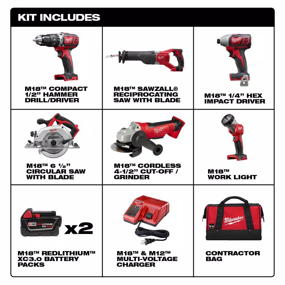 Milwaukee M18 18V Lithium-Ion Cordless 6-Tool Combo Kit with Two 3.0 Ah Batteries, Charger, and Tool Bag