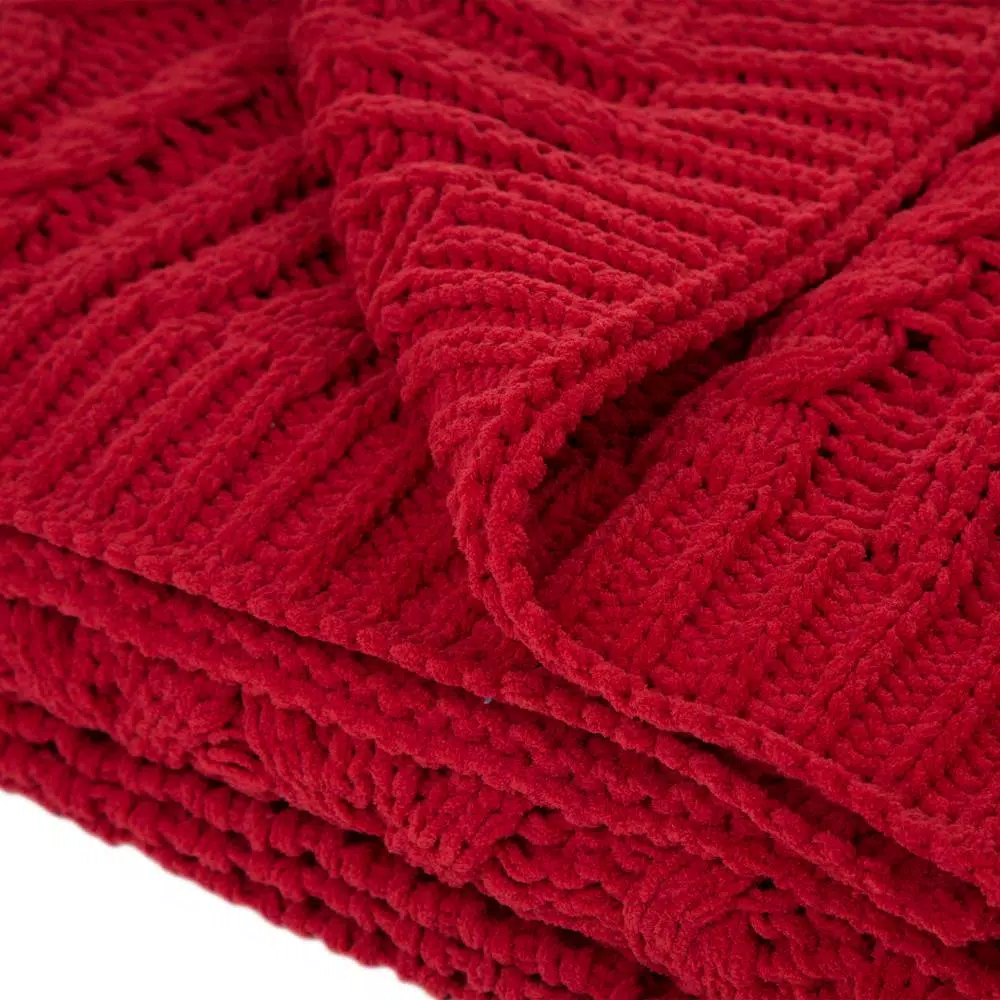 Glitzhome Red Chenille Knitted Throw Blanket, 60 x 50 in, 865 GSM Heavyweight Polyester