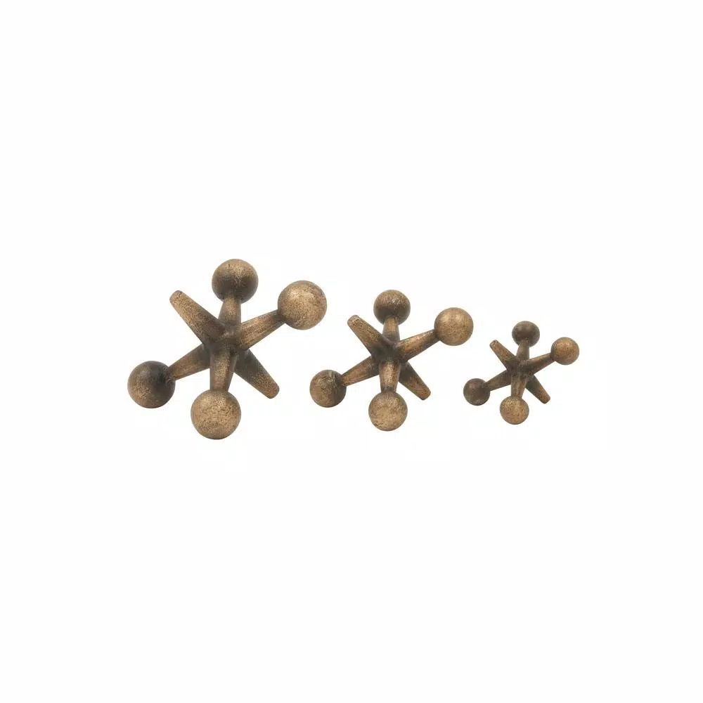 LITTON LANE Iron Metal Gold Jacks Sculptures Set of 3 - Industrial Modern Decorative Statuary