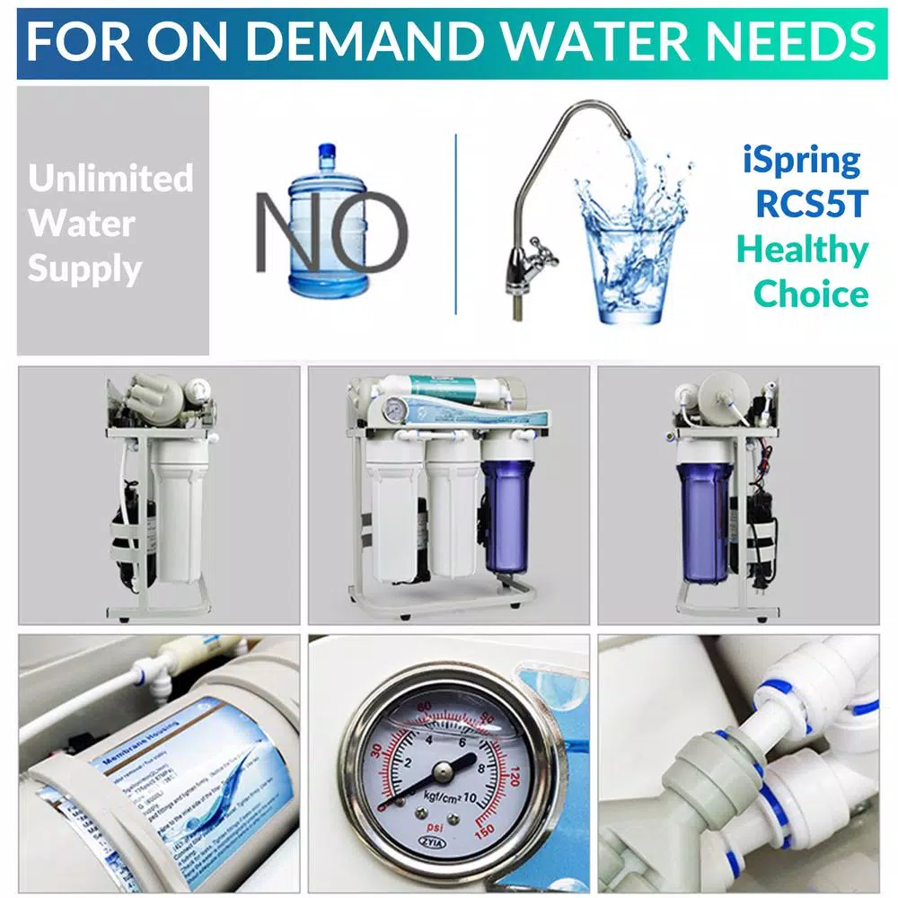 ISPRING RCS5T 500GPD Tankless Reverse Osmosis Water Filtration System, 1:1 Drain Ratio, Under Sink