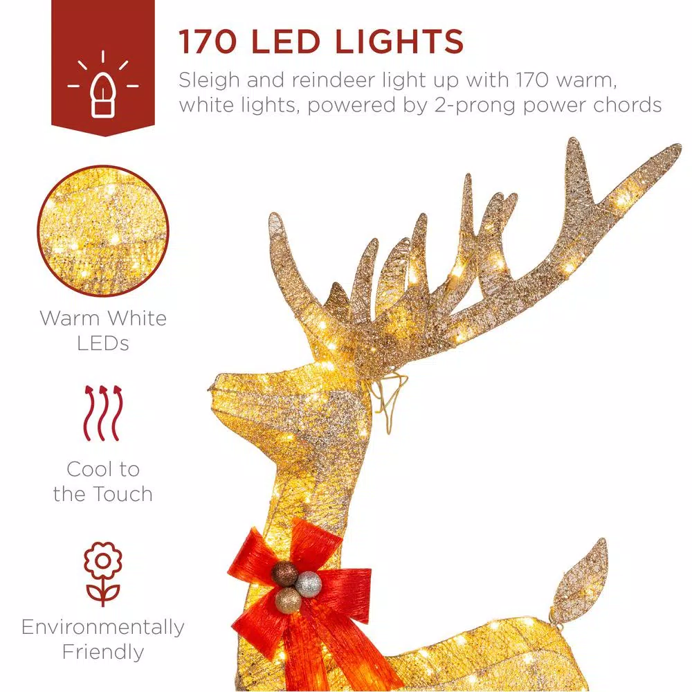 Best Choice Products 48 in. LED Reindeer and Sleigh Christmas Yard Decor Set with Warm White Lights