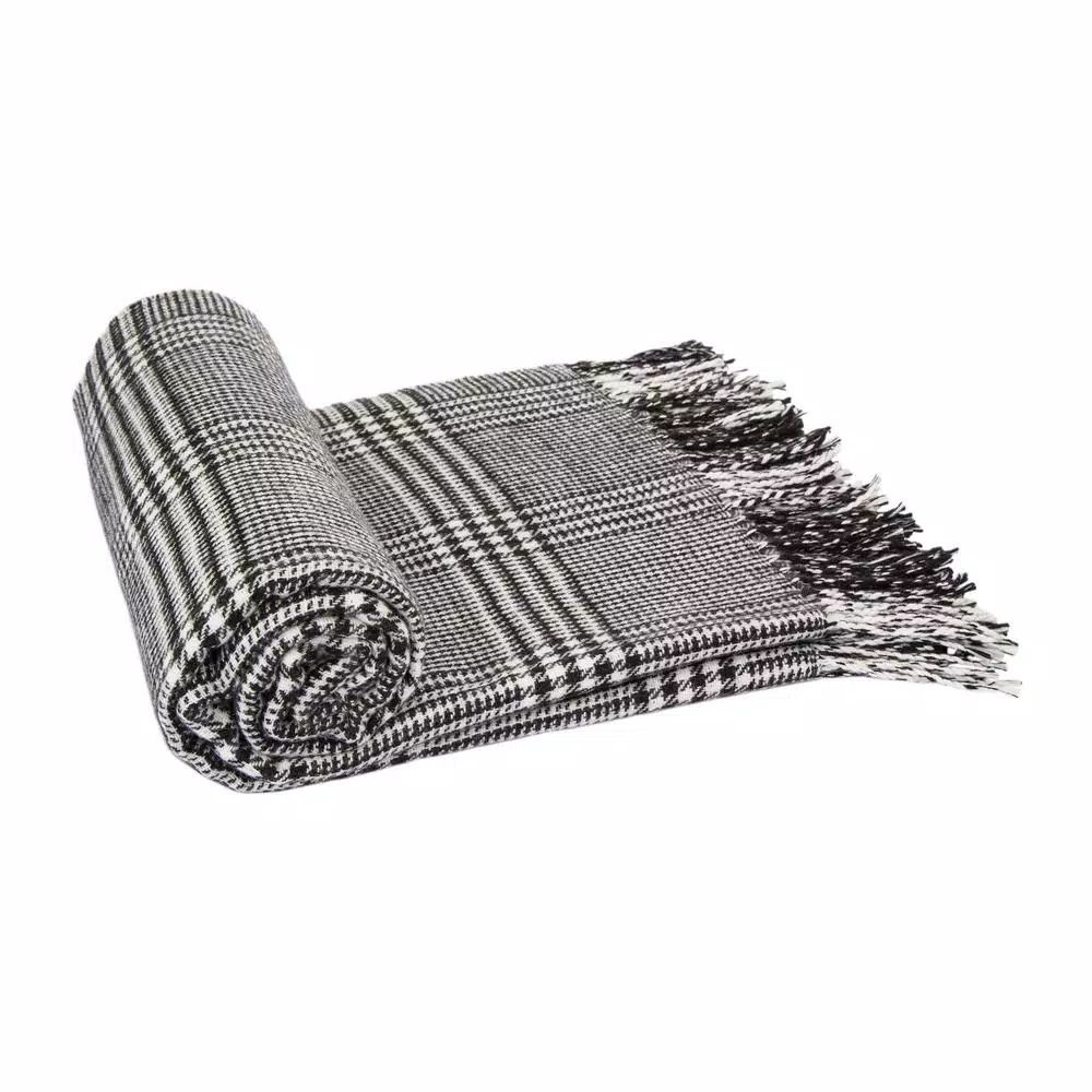 Glitzhome 60 in. Black and White Plaid Reversible Woven Acrylic Throw Blanket with Fringed Edges