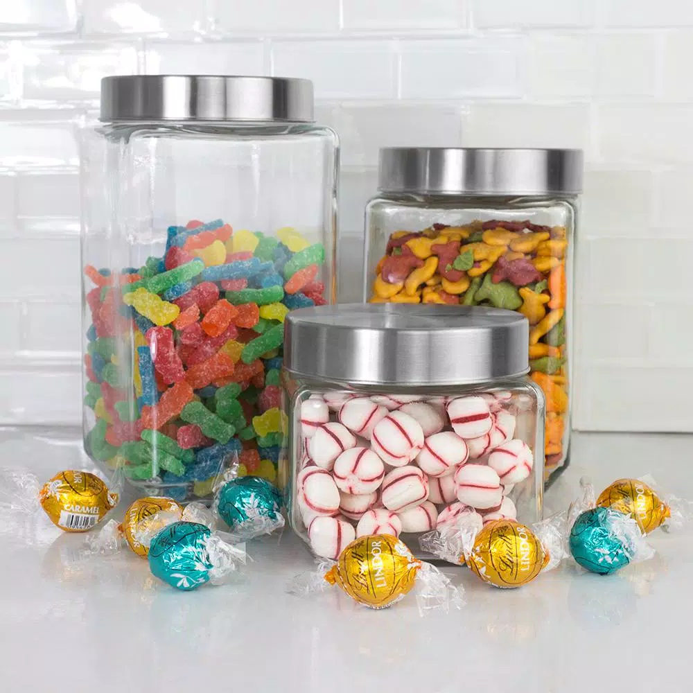 Unbranded 4-Piece Glass Canister Set with Brushed Stainless Steel Lids