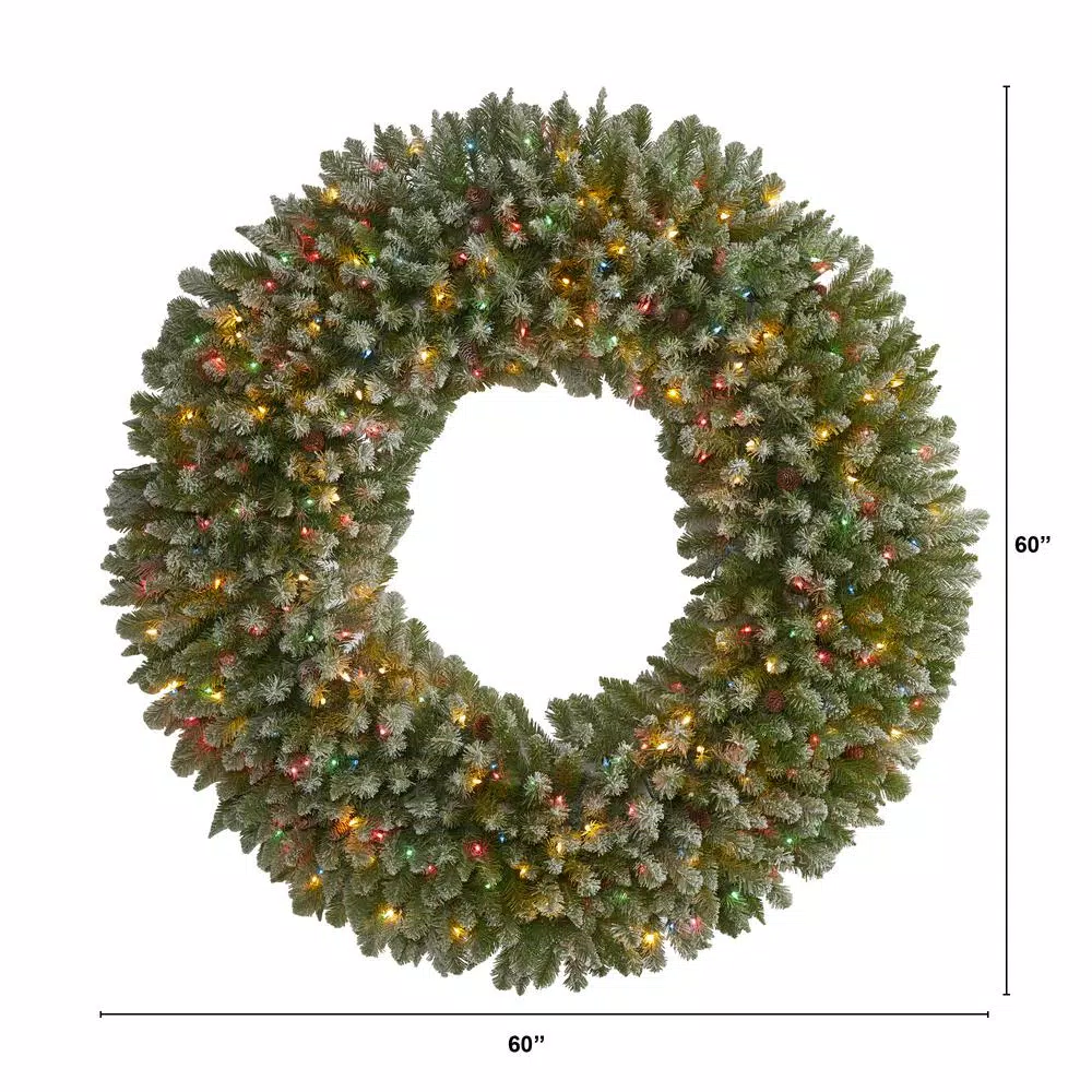 Nearly Natural 5 ft. Pre-Lit Flocked Artificial Christmas Wreath with 280 Multi-Color Lights and Pine Cones