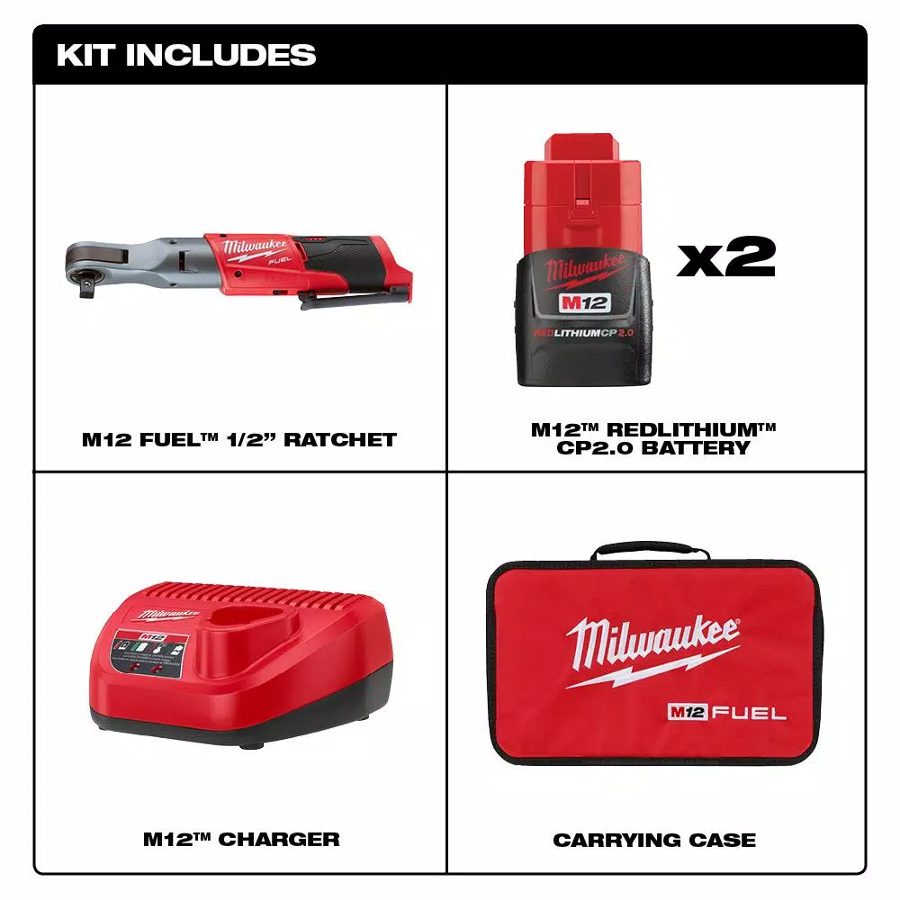 Milwaukee M12 FUEL 1/2 in. Cordless Ratchet Kit w/ (2) 2.0 Ah Batteries & Charger