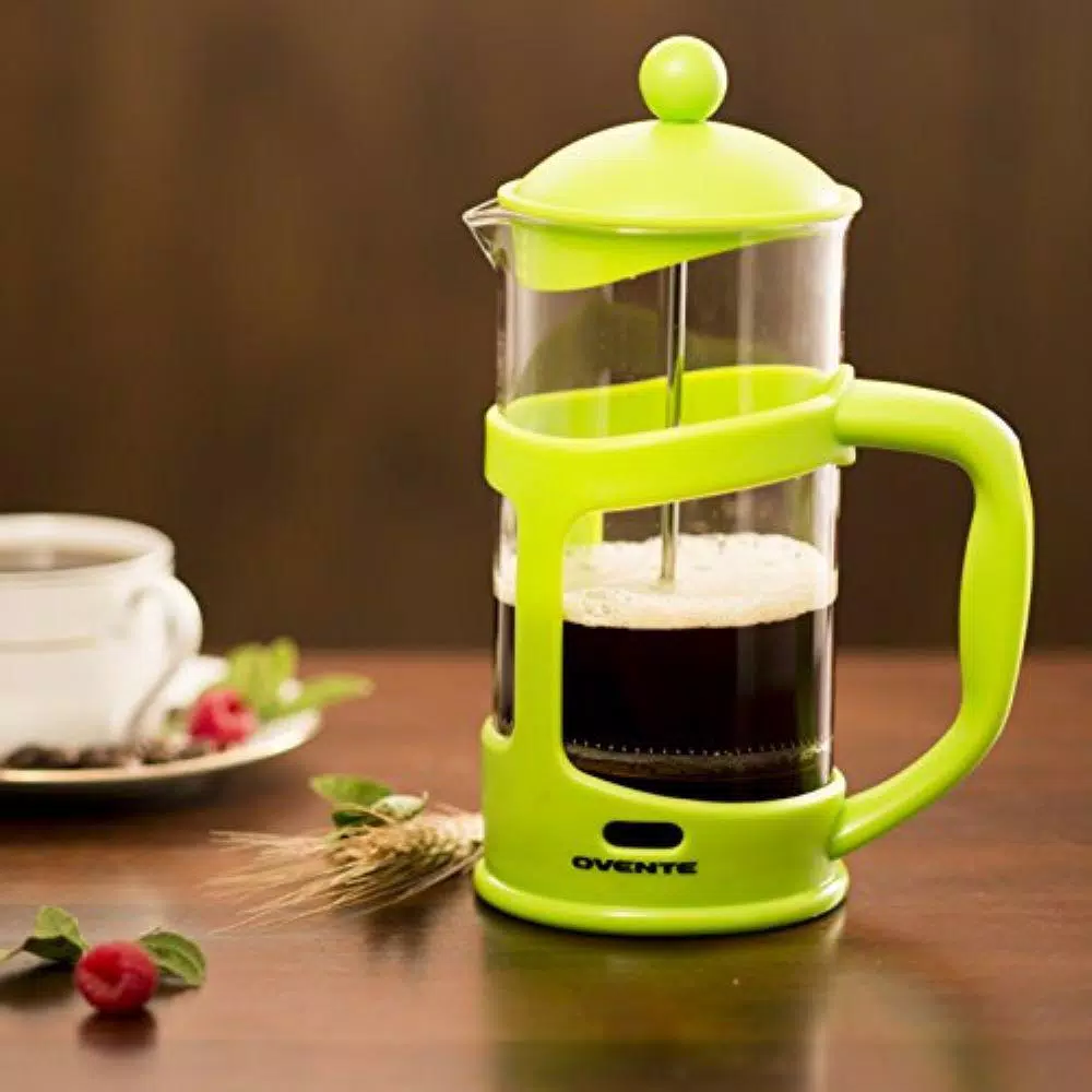 Ovente 8-Cup Green French Press - Heat-Resistant Borosilicate Glass Coffee and Tea Maker with Measuring Scoop