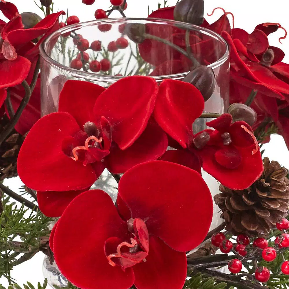 Nearly Natural 6 in. Orchid, Berry and Pine Holiday Candle Candelabrum - Red Indoor Tabletop Decor