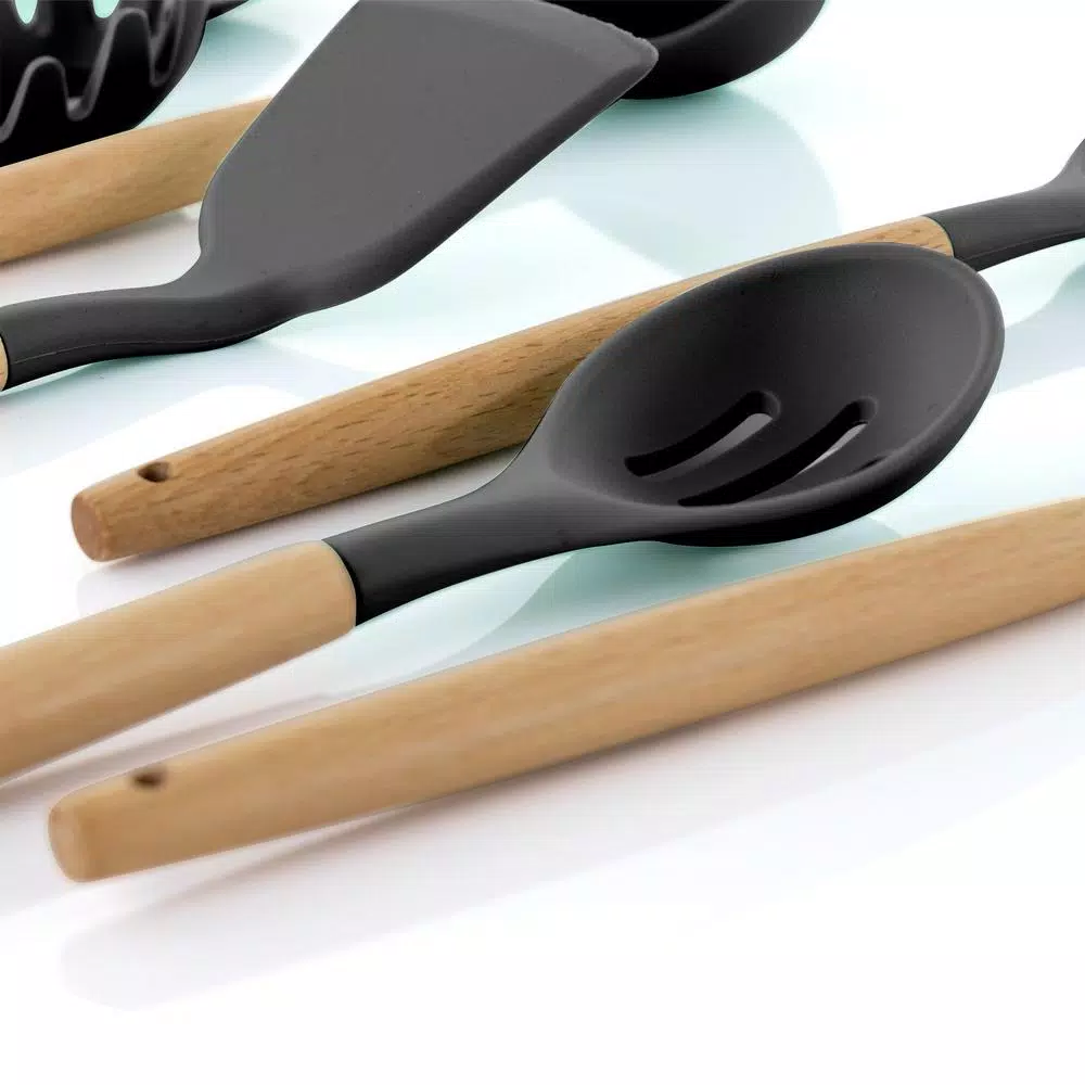 MegaChef 9-Piece Gray Silicone and Wood Kitchen Utensil Set with Ceramic Holder