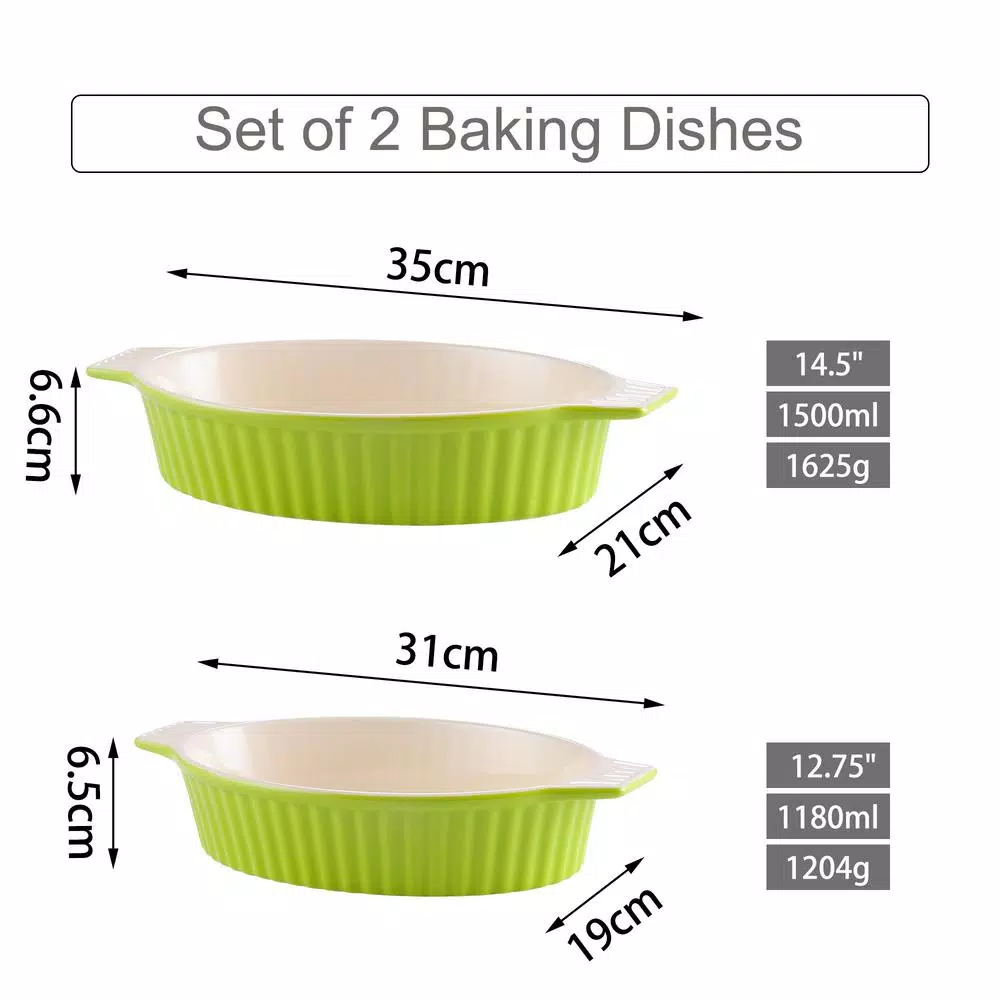 MALACASA 2-Piece Oval Green Porcelain Bakeware Set, 12.75 in. and 14.5 in. Ceramic Baking Pans