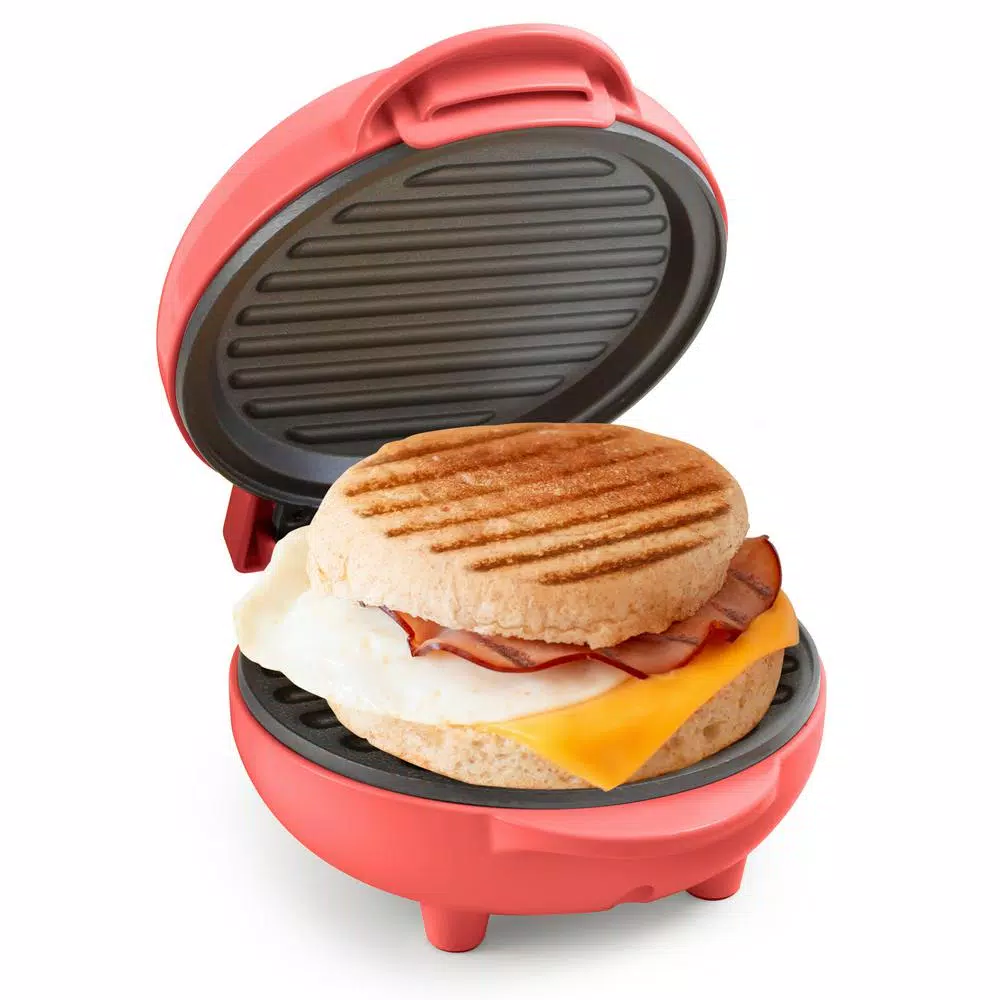 Nostalgia MyMini Personal Electric Grill, 25 sq. in. Cast-Iron Smokeless Grill, Coral Pink