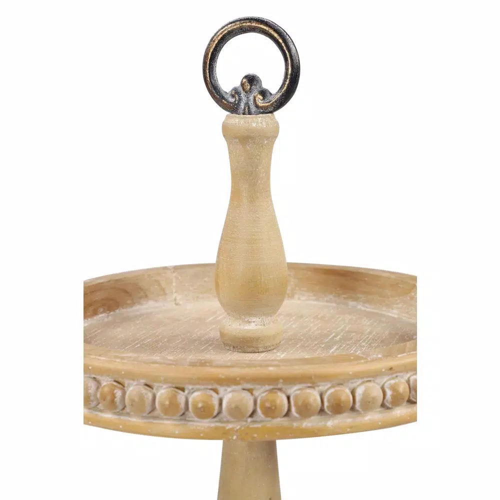 LITTON LANE 3-Tier Round Birch Wood and Metal Decorative Serving Tray with Whitewash Finish