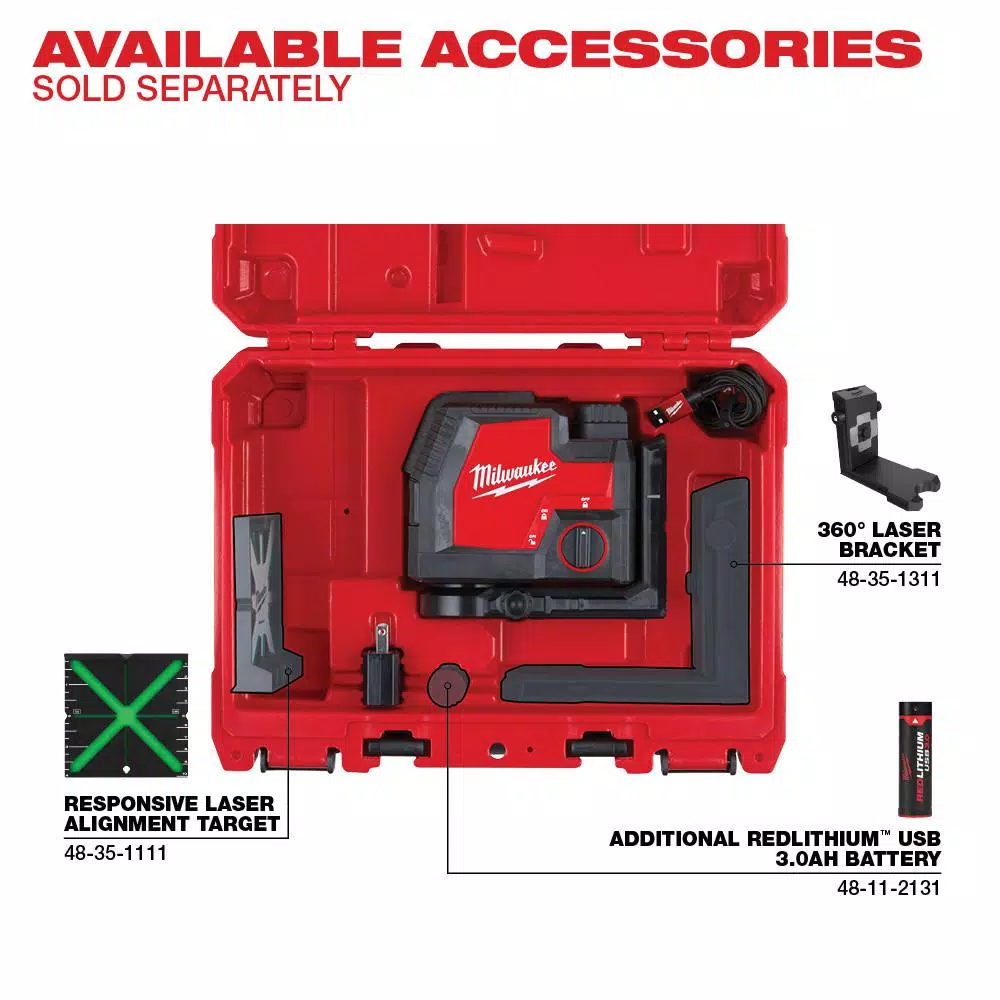 Milwaukee REDLITHIUM USB Green Cross Line Laser Level, 100 ft. Range