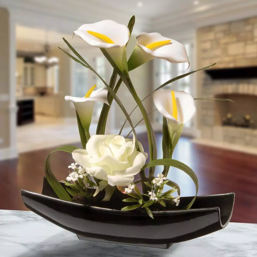 National Tree Company 11 in. White Rose and Calla Lily Silk Floral Arrangement in Black Ceramic Oriental Dish