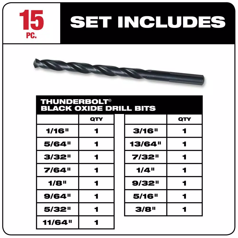 Milwaukee Thunderbolt Black Oxide Twist Drill Bit Set, 15-Piece