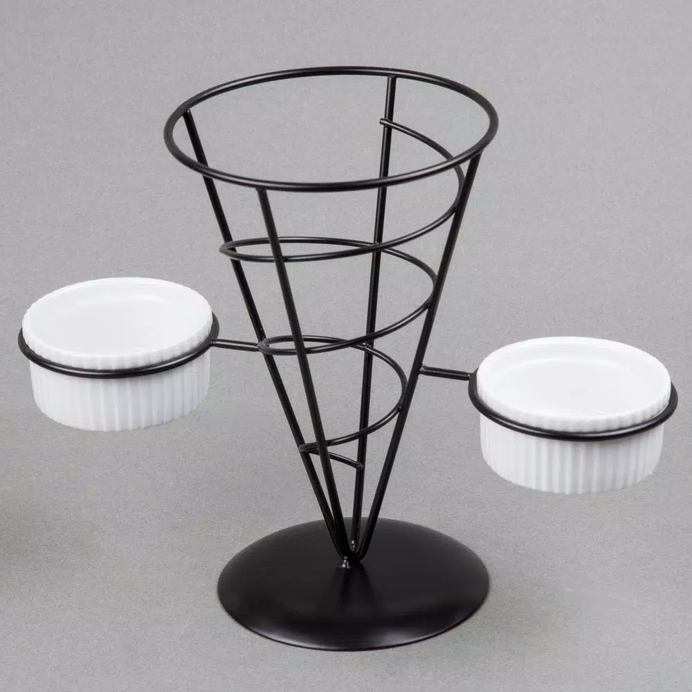 Creative Home Black Iron Wire French Fry Holder Set with 2 Ceramic Ramekins for Dipping Sauce