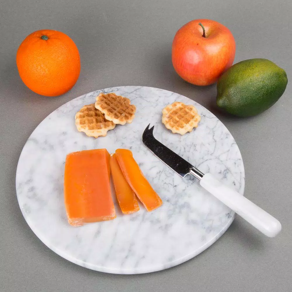Creative Home 12 in. Natural Off-White Marble Round Serving Board for Cheese, Dessert, and Cake