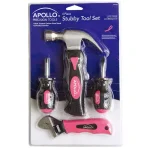 Apollo 4-Piece Stubby Hand Tool Set in Pink - Includes Hammer, Screwdrivers, and Adjustable Wrench thumbnail 1