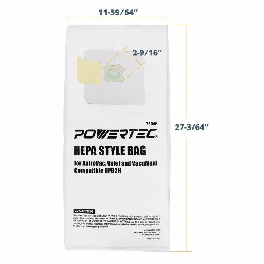 POWERTEC HPB2H HEPA Filter Replacement Vacuum Bags for AstroVac, VacuMaid, and Valet (3-Pack)