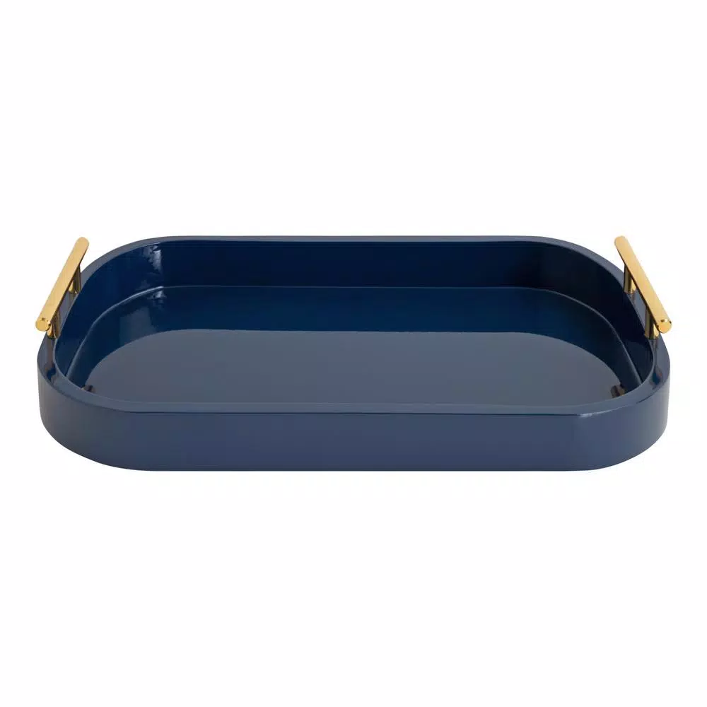Kate and Laurel Lipton Navy Blue Decorative Wood Tray with Gold Handles