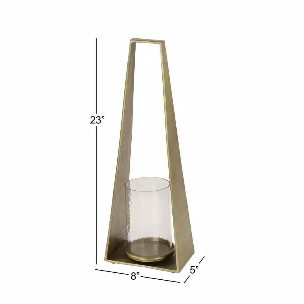 LITTON LANE Large Gold Metal Candle Lantern with Textured Hurricane Glass, 23.5 in