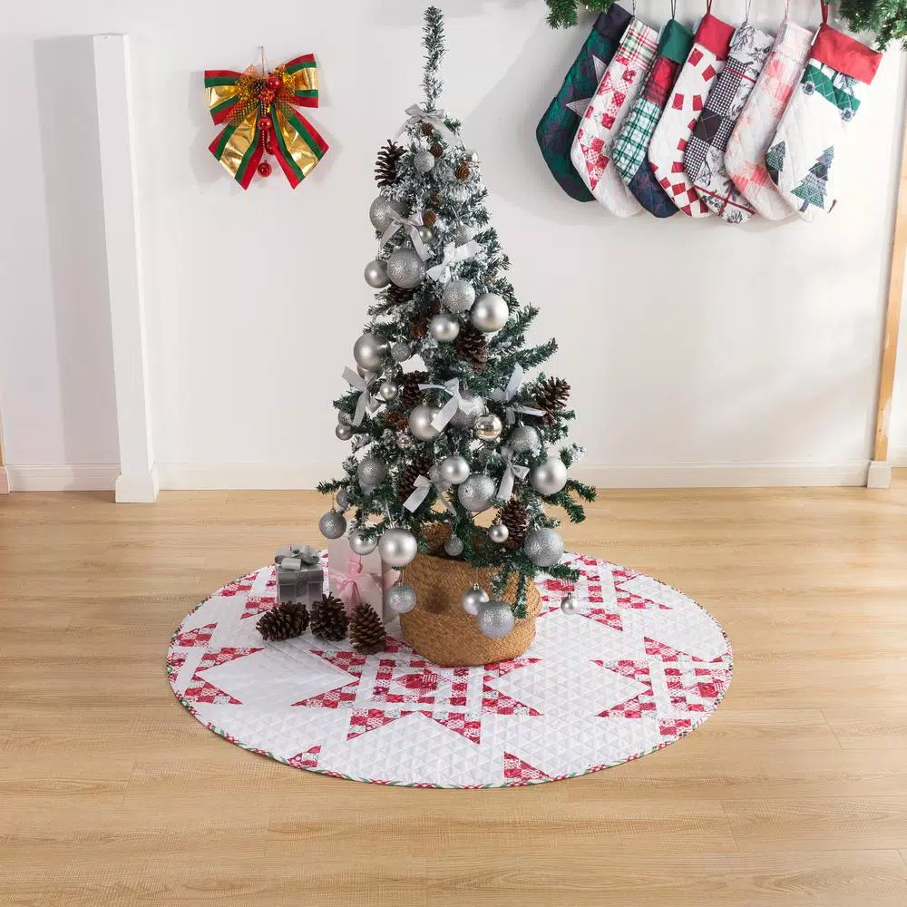 Country Living Angelina 48 in. Reversible Quilted Tree Skirt, Red and White Patchwork Star
