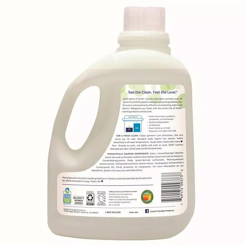ECOS 2X Ultra Concentrated Liquid Laundry Detergent, Lemongrass Scent, 170 oz.