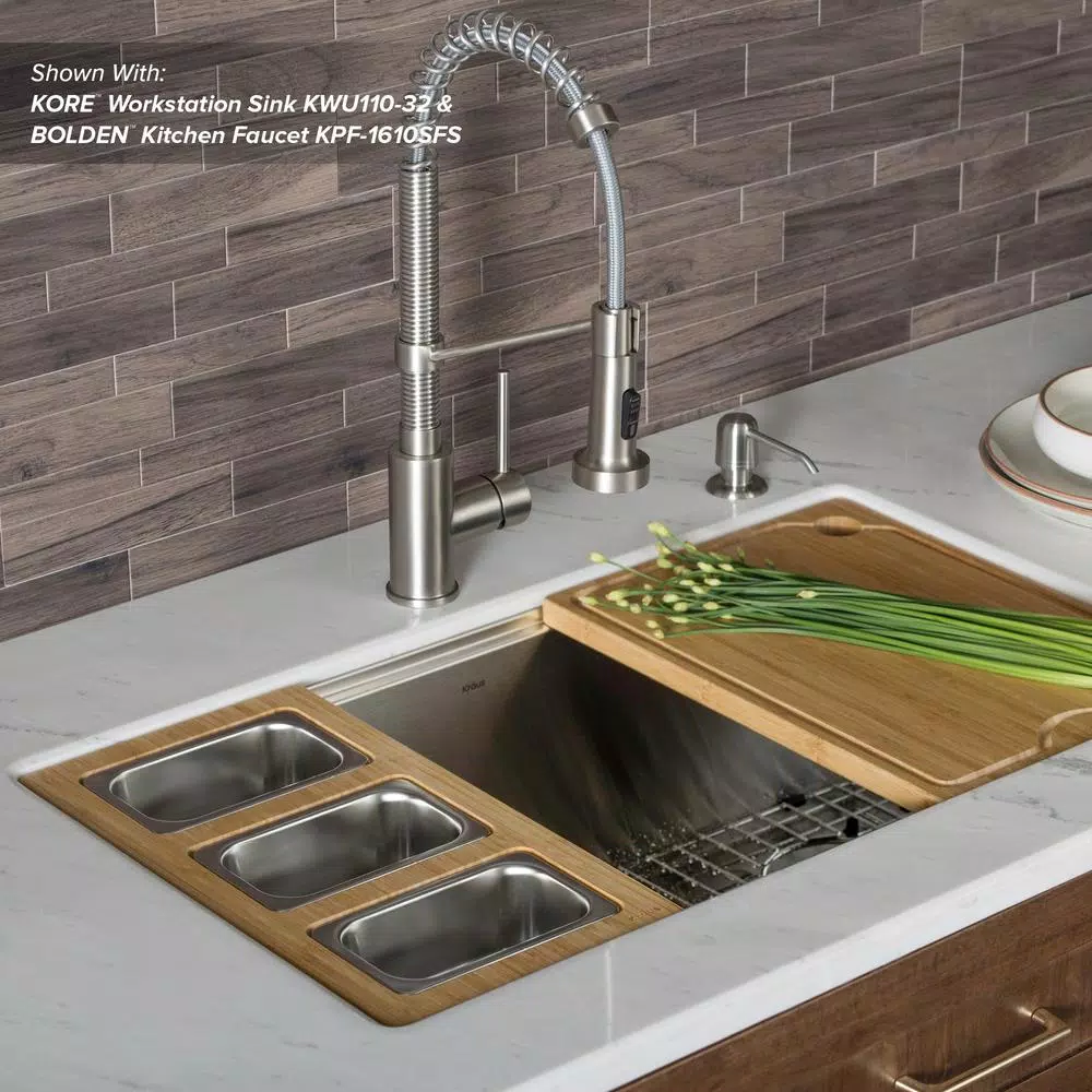 KRAUS Workstation Kitchen Sink Accessory Set: Bamboo Serving Board & 3 Stainless Steel Prep Bowls