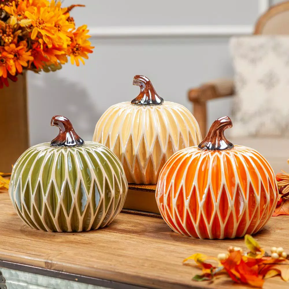 Gerson Assorted 6 in. Dolomite Ceramic Harvest Pumpkins, Diamond Texture Set of 3
