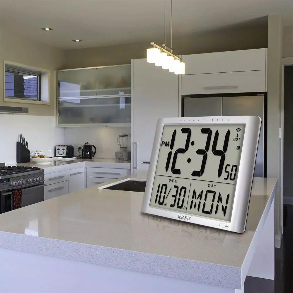 La Crosse Technology 16 x 20 in. Super Large Atomic Digital Wall Clock - Silver Modern Electronic Timepiece