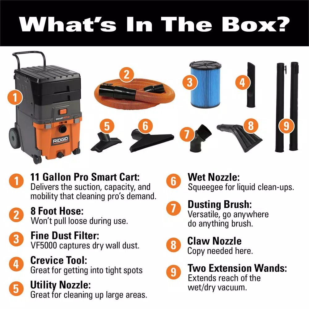 RIDGID 11 Gal. 6.5 Peak HP Smart Cart Wet/Dry Shop Vacuum with Fine Dust Filter