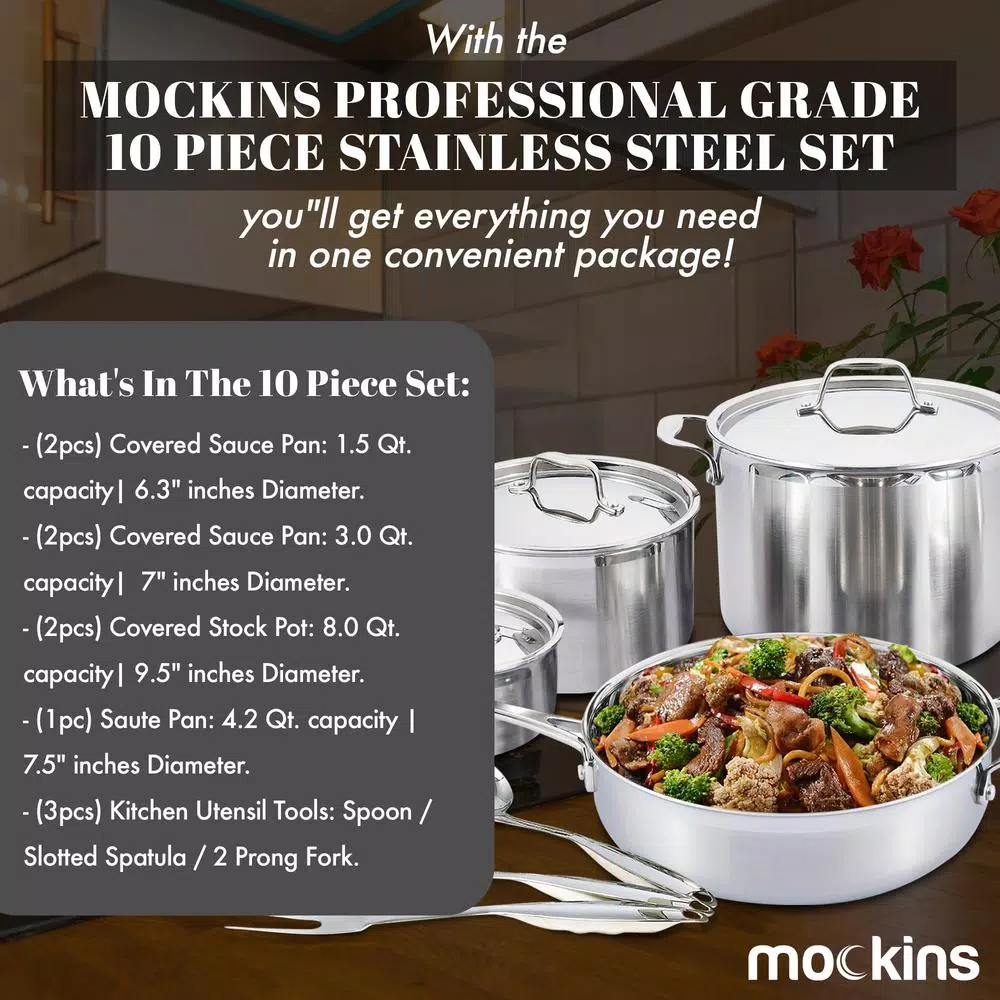 Mockins 10-Piece Tri-Ply Stainless Steel Cookware Set with Lids and Utensils