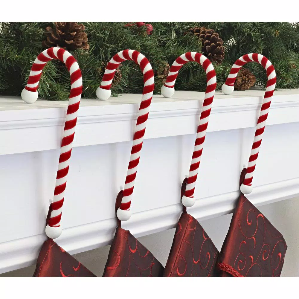 Haute Decor 9 in. Red and White Candy Cane Steel Core Stocking Holder (4-Pack)