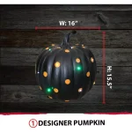 Haunted Hill Farm 15.5 in. Black and Orange Polka Dot Lighted Designer Pumpkin thumbnail 3