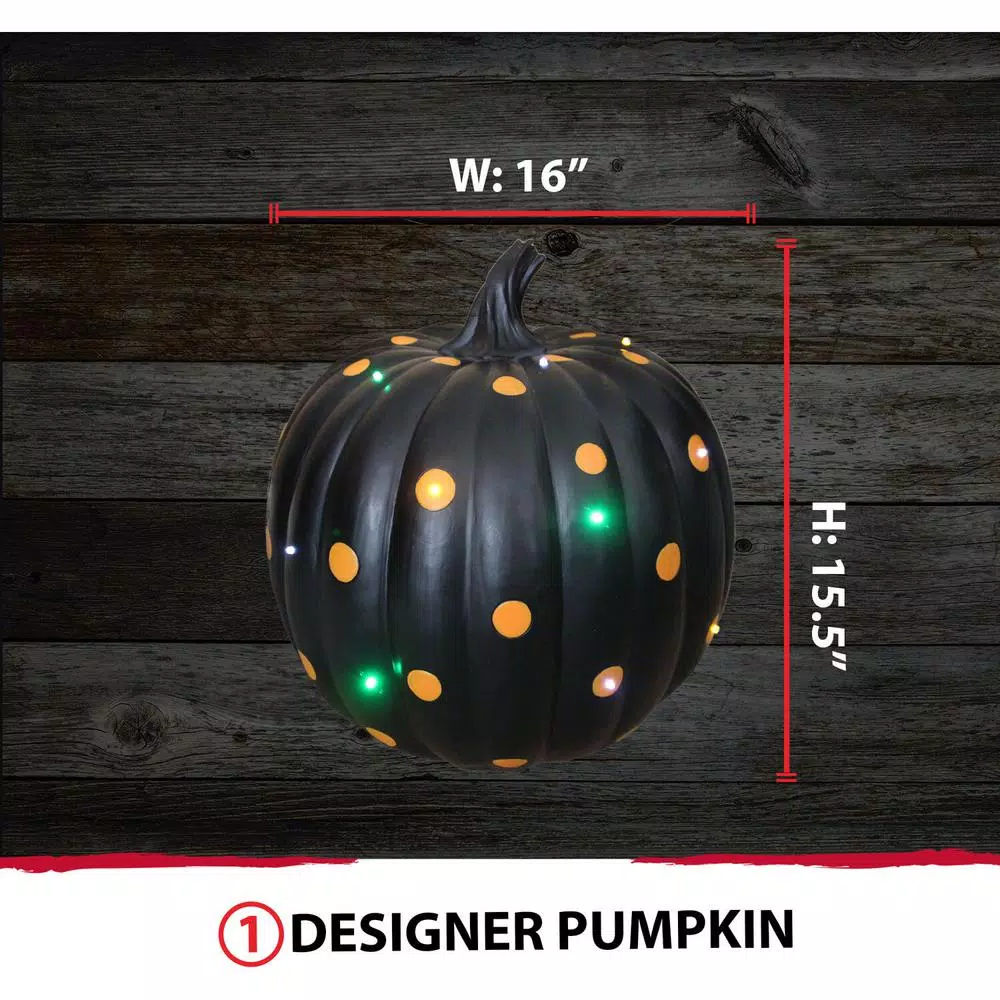 Haunted Hill Farm 15.5 in. Black and Orange Polka Dot Lighted Designer Pumpkin
