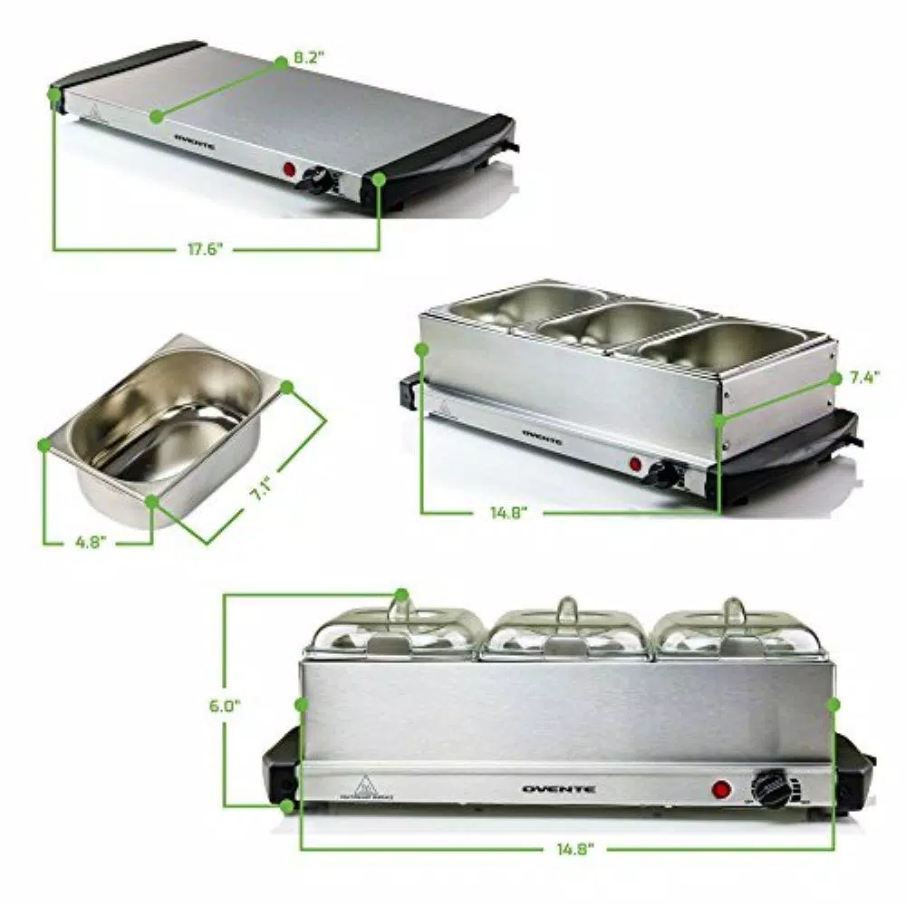 Ovente FW153W 3-Tray Buffet Server with Stand-Alone Warming Tray, Stainless Steel