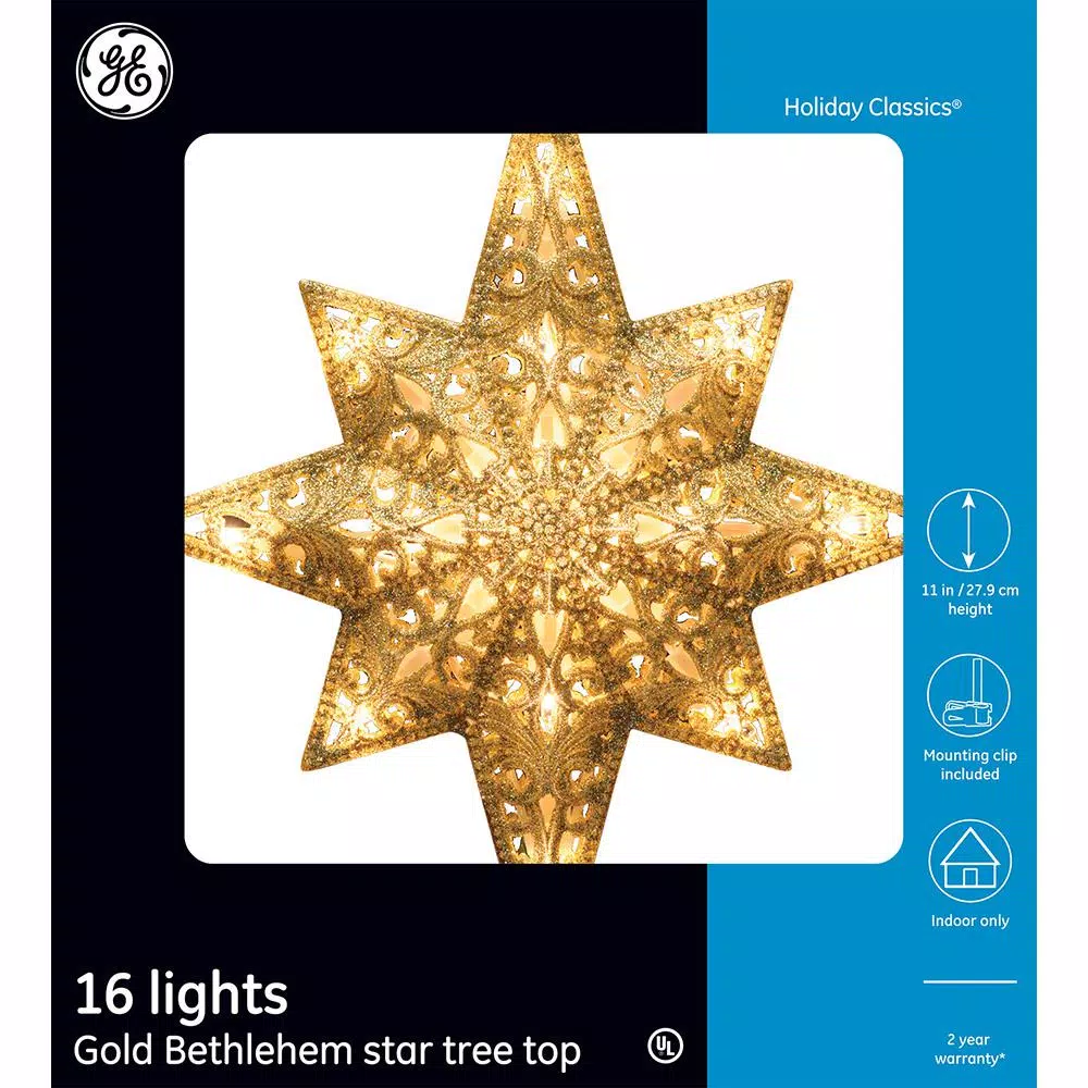 General Electric Holiday Classics 11 in. Gold Glittered Bethlehem Star Tree Topper with 16 Lights