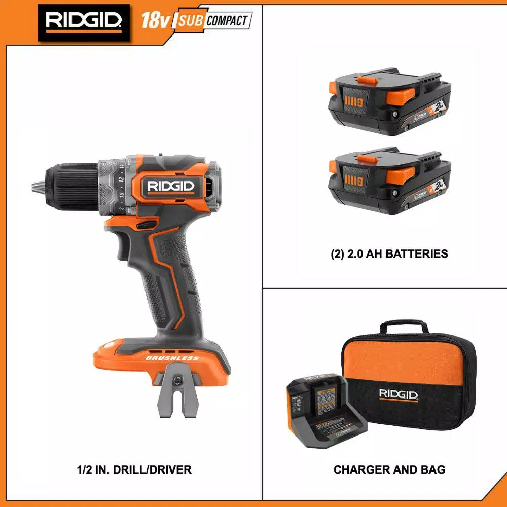 RIDGID 18V SubCompact Brushless 1/2 in. Drill Driver Kit with (2) 2.0 Ah Batteries, Charger, and Bag