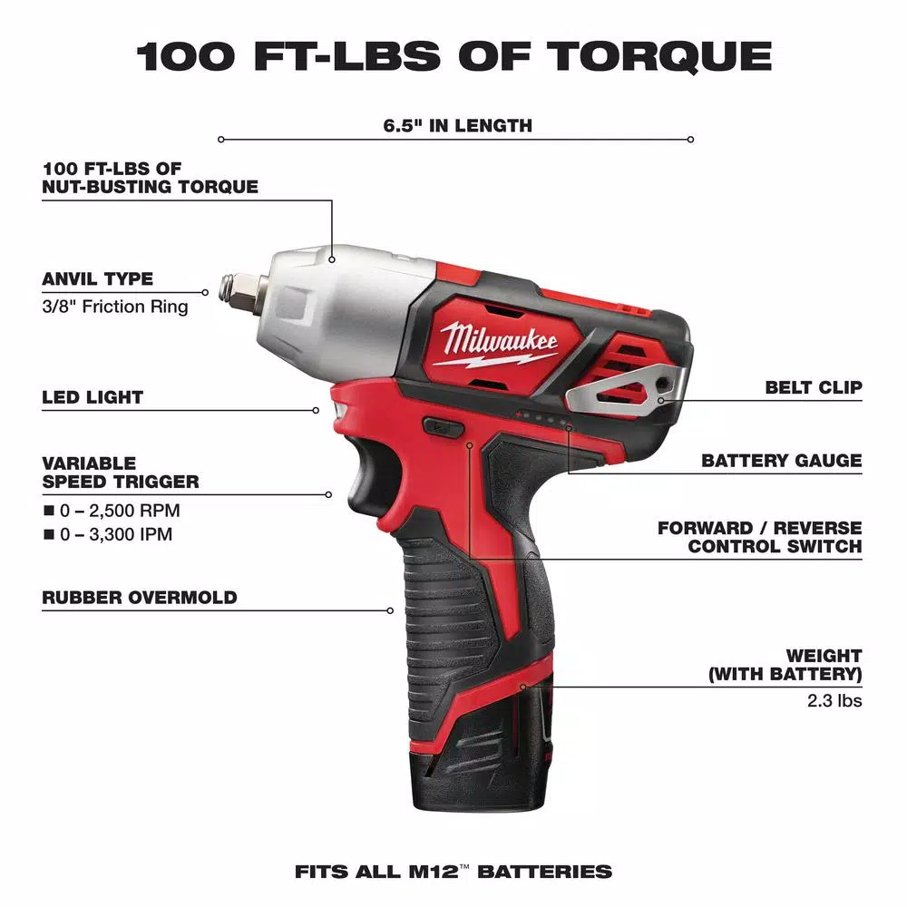 Milwaukee M12 12V Lithium-Ion Cordless 3/8 in. Impact Wrench Kit with (2) 1.5 Ah Batteries, Charger & Hard Case