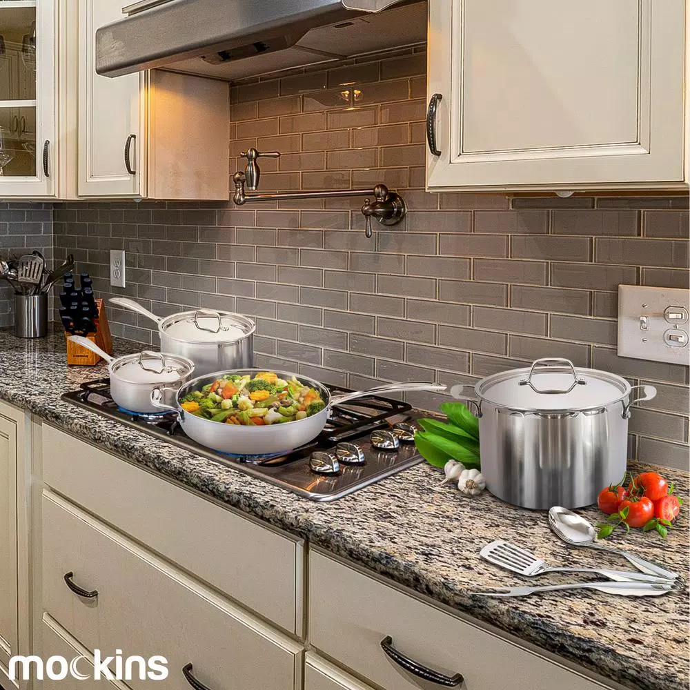 Mockins 10-Piece Tri-Ply Stainless Steel Cookware Set with Lids and Utensils